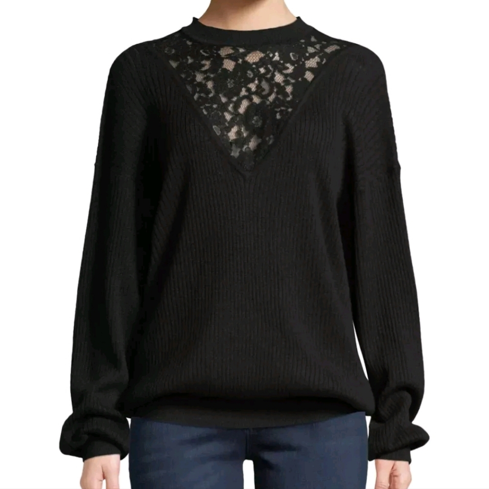 See by Chloe Ribbed Lace Inset Wool Sweater S Black